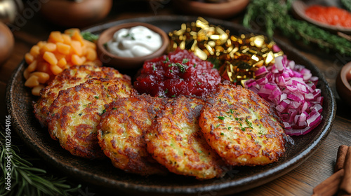 A beautifully arranged platter of crispy latkes served with toppings, ideal for festive holiday meals. photo