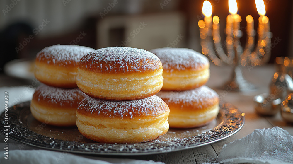A close-up of freshly made jelly donuts stacked on a decorative plate, symbolizing the joy and sweetness of Hanukkah festivities. A close-up of freshly made jelly donuts stacked on a decorative plate, symbolizing the joy and sweetness of Hanukkah festivities.