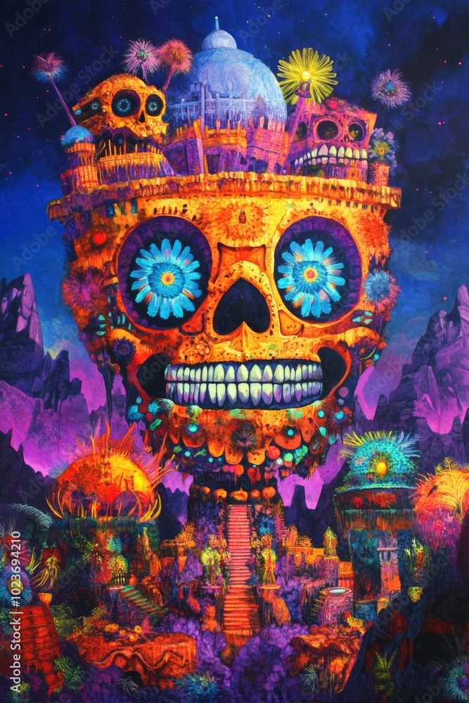 Obraz premium Day of the Dead surrealism with bizarre colors and floating altars.