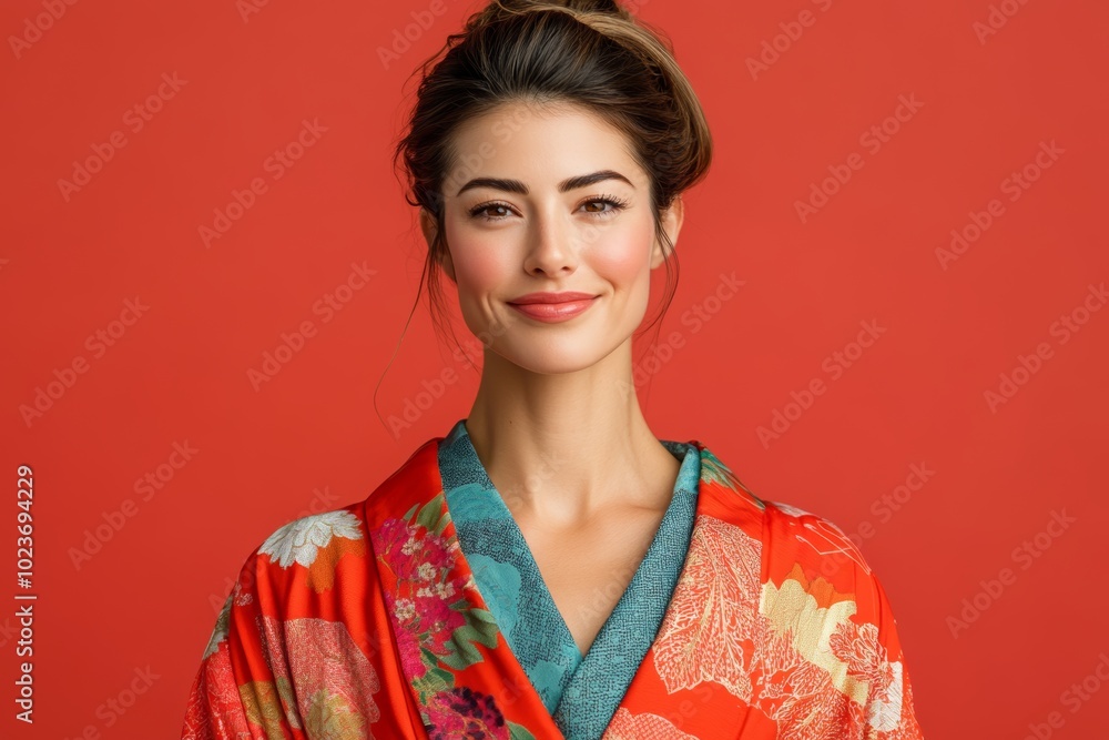 色鮮やかなボトムスを着た女性が赤い背景の前で微笑んでいる 色鮮やかなボトムスを着た女性が赤い背景の前で微笑んでいる