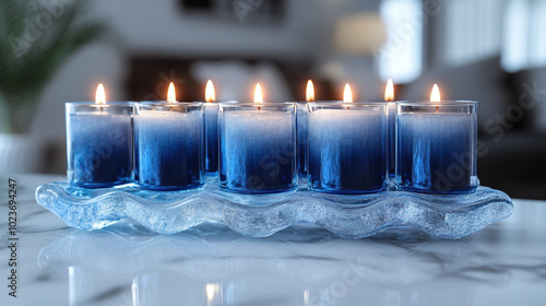 A collection of blue candles arranged elegantly on a table, creating a warm and inviting atmosphere for Hanukkah celebrations. photo