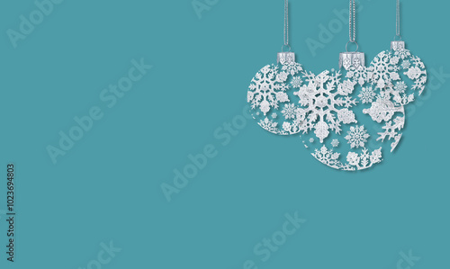 Holiday illustration with Christmas balls decorated with snowflakes. Copy space