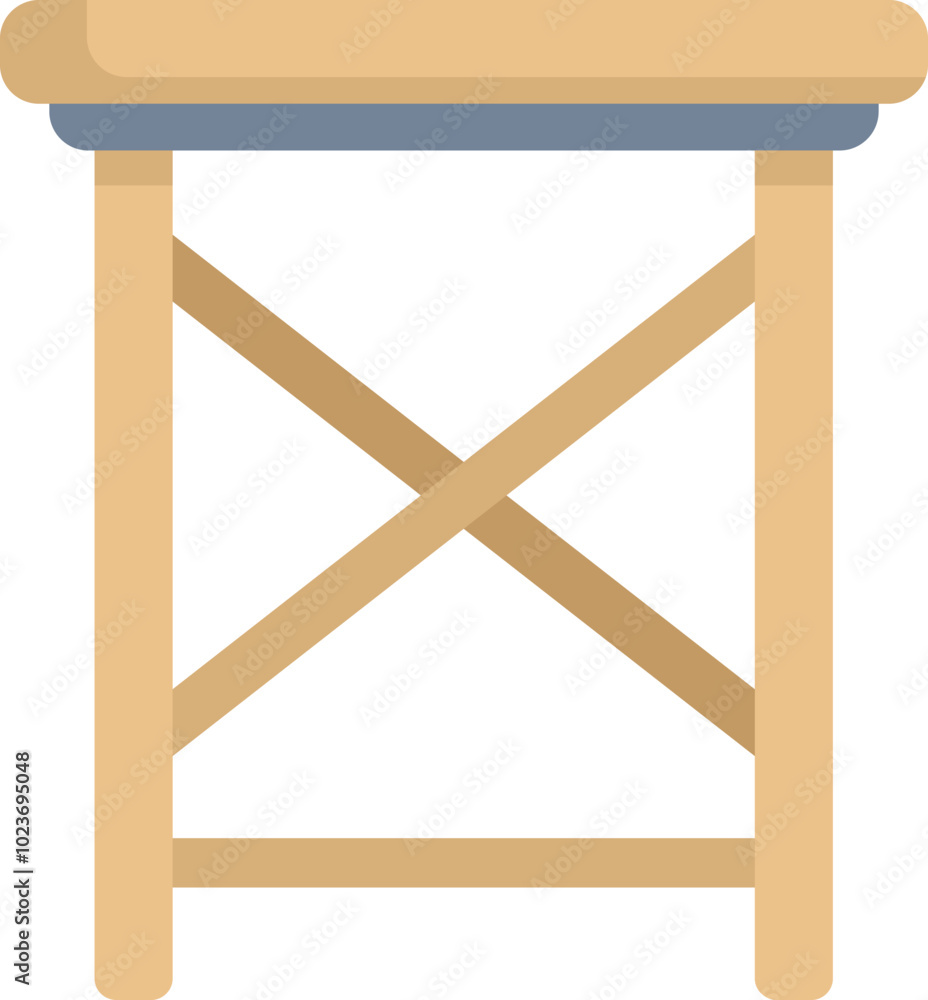Simple wooden bar stool with four legs and x shaped stretcher supporting empty seat Simple wooden bar stool with four legs and x shaped stretcher supporting empty seat