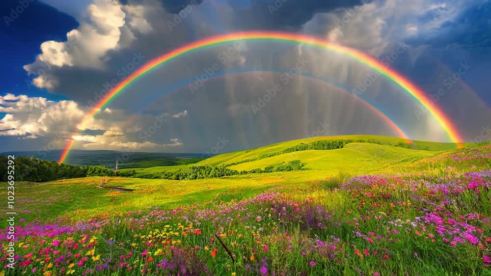 A large rainbow over a meadow with wildflowers A large rainbow over a meadow with wildflowers