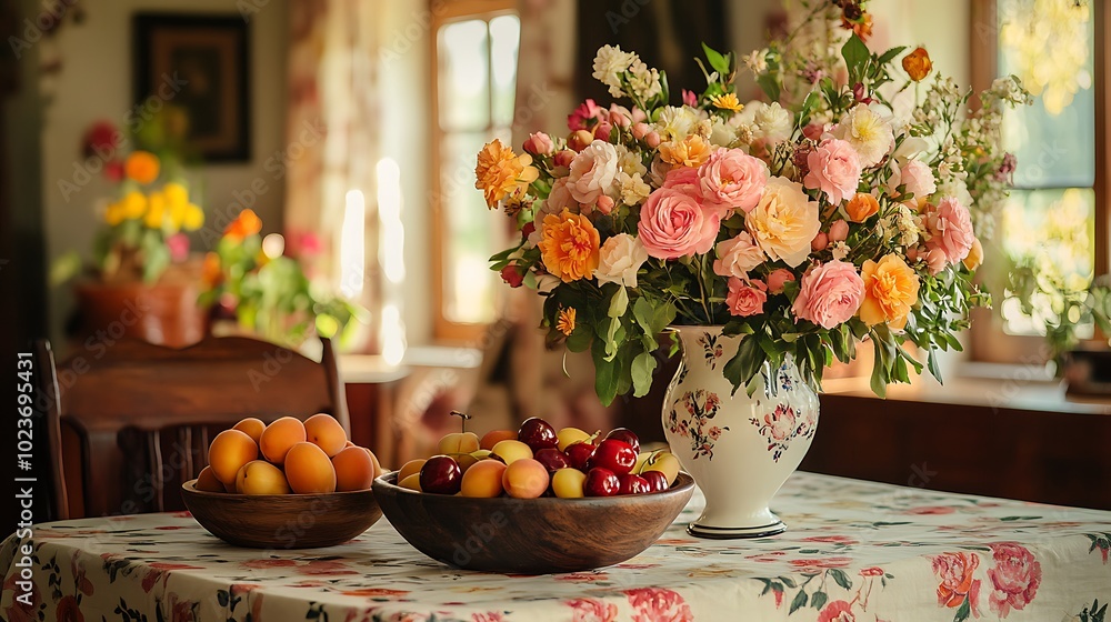 A table set with a floral-printed tablecloth, a tall vase filled with fresh garden flowers in shades of pink and yellow, and a rustic wooden bowl with a variety of stone fruits including cherries, A table set with a floral-printed tablecloth, a tall vase filled with fresh garden flowers in shades of pink and yellow, and a rustic wooden bowl with a variety of stone fruits including cherries,