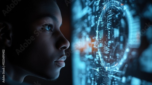 A Black African American IT specialist looking at a digital interface with AI cybersecurity photo