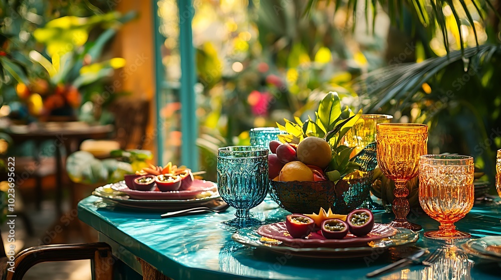 A teal dining table adorned with palm leaves and a vibrant display of passion fruit and star fruit, set against a backdrop of tropical plants and warm, natural sunlight, A teal dining table adorned with palm leaves and a vibrant display of passion fruit and star fruit, set against a backdrop of tropical plants and warm, natural sunlight,