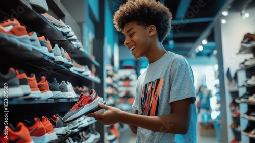 A teenage Black boy around 16 with a short afro and a graphic t-shirt excitedly choosing sneakers at a trendy shoe store.