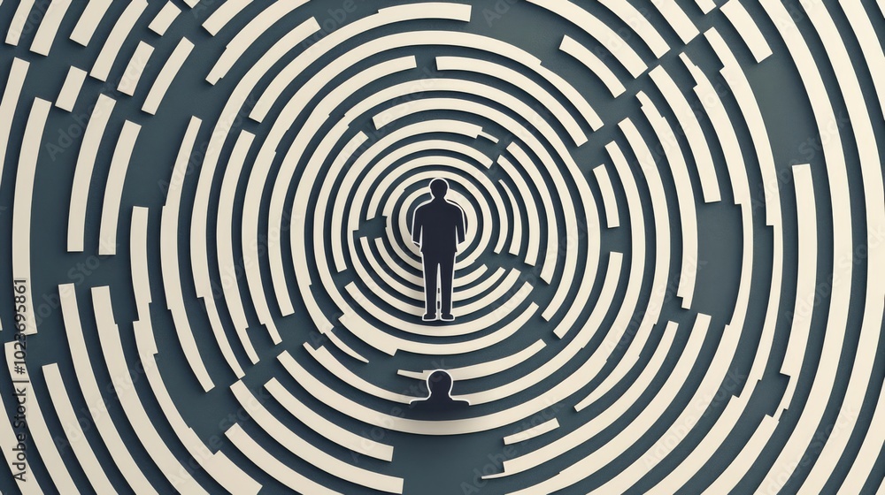 A solitary figure stands at the center of a complex circular maze, symbolizing the journey and challenges of decision-making and problem-solving. A solitary figure stands at the center of a complex circular maze, symbolizing the journey and challenges of decision-making and problem-solving.