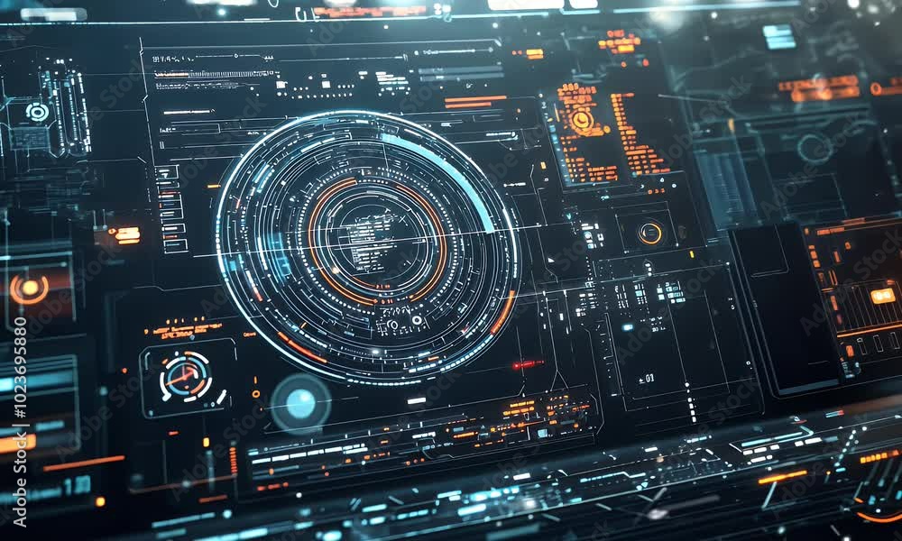 Futuristic digital interface with glowing elements and data displays. Futuristic digital interface with glowing elements and data displays.