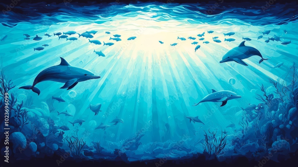 Obraz premium A serene underwater scene featuring dolphins swimming gracefully amidst vibrant marine life in crystal-clear blue water.
