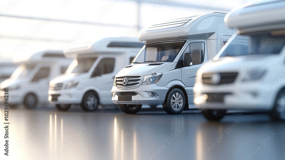 A row of white recreational vehicles in a modern display setting. A row of white recreational vehicles in a modern display setting.