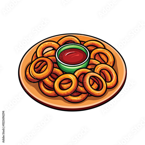 Illustration of a plate of crispy onion rings served with a side of ketchup.