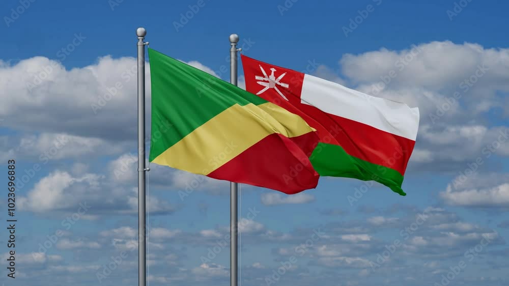 Oman and Congo Brazzaville flags flying together, video concept of the relationship, two country cooperation concept Oman and Congo Brazzaville flags flying together, video concept of the relationship, two country cooperation concept
