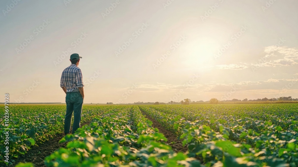Farmer inspecting crops, open field, bright day, spacious composition Farmer inspecting crops, open field, bright day, spacious composition