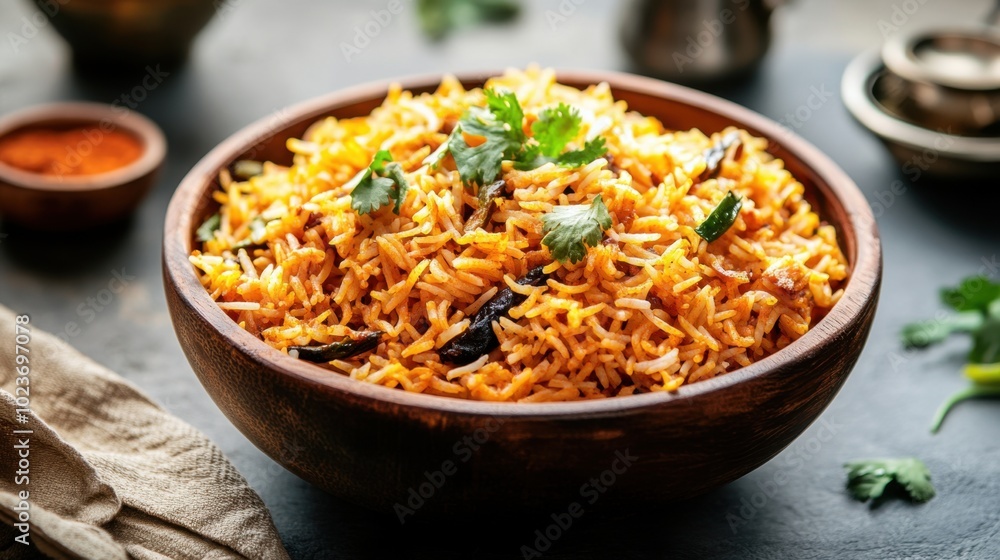 Bowl of vegan biryani bright background clean layout minimal elements copy space Bowl of vegan biryani bright background clean layout minimal elements copy space