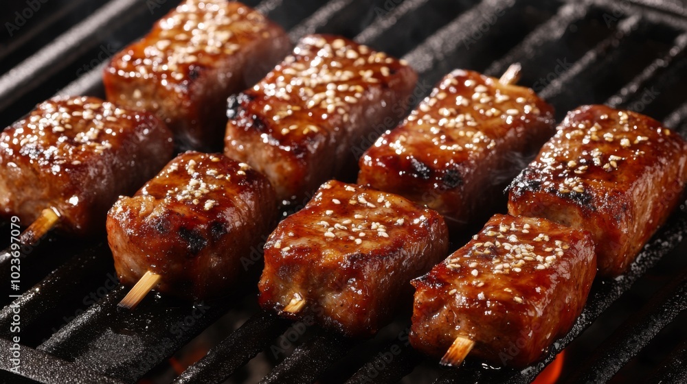 Grilled Meat Skewers with Glaze and Sesame Seeds Grilled Meat Skewers with Glaze and Sesame Seeds
