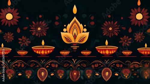 Wallpaper Mural A colorful and festive background featuring traditional oil lamps and intricate floral patterns, perfect for celebrating Diwali. Torontodigital.ca