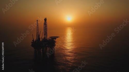 Oil and gas sector aerial image of a silhouetted offshore jack up drilling rig at sunset.