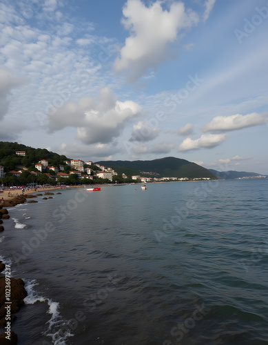 Coastal Town with Blue Sky and Calm Sea