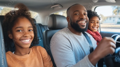 Diverse family on road trip, car interior, bright day, clean background, copy space