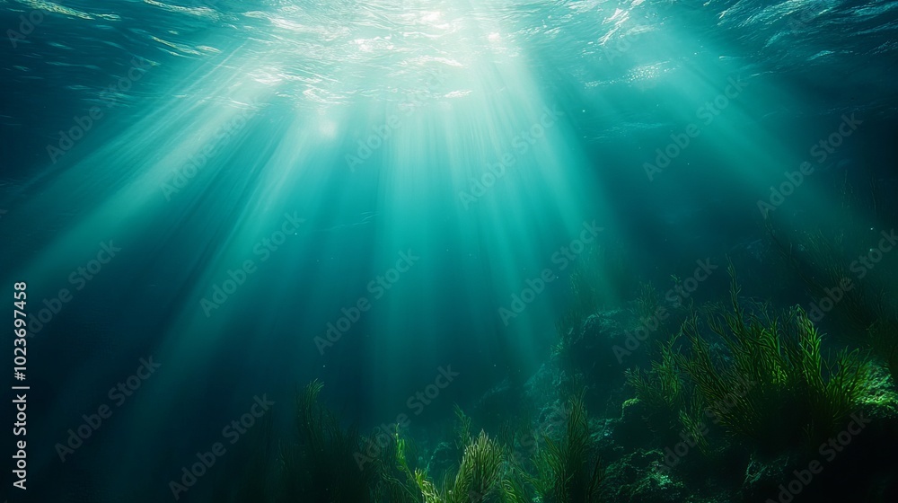 Rias Baixas, Spain; natural scene: algae submerged in the Atlantic Ocean, receiving sunshine. Rias Baixas, Spain; natural scene: algae submerged in the Atlantic Ocean, receiving sunshine.