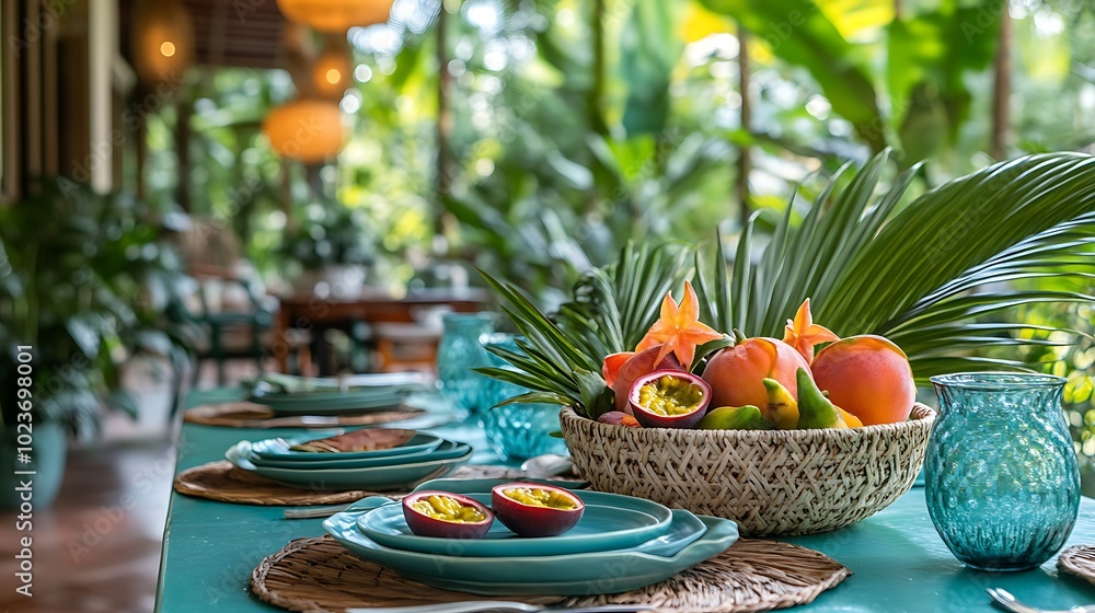 A vibrant teal dining table adorned with palm leaves as placemats, a large woven bowl filled with fresh passion fruit and sliced star fruit, surrounded by colorful ceramic plates, and set in a bright, A vibrant teal dining table adorned with palm leaves as placemats, a large woven bowl filled with fresh passion fruit and sliced star fruit, surrounded by colorful ceramic plates, and set in a bright,