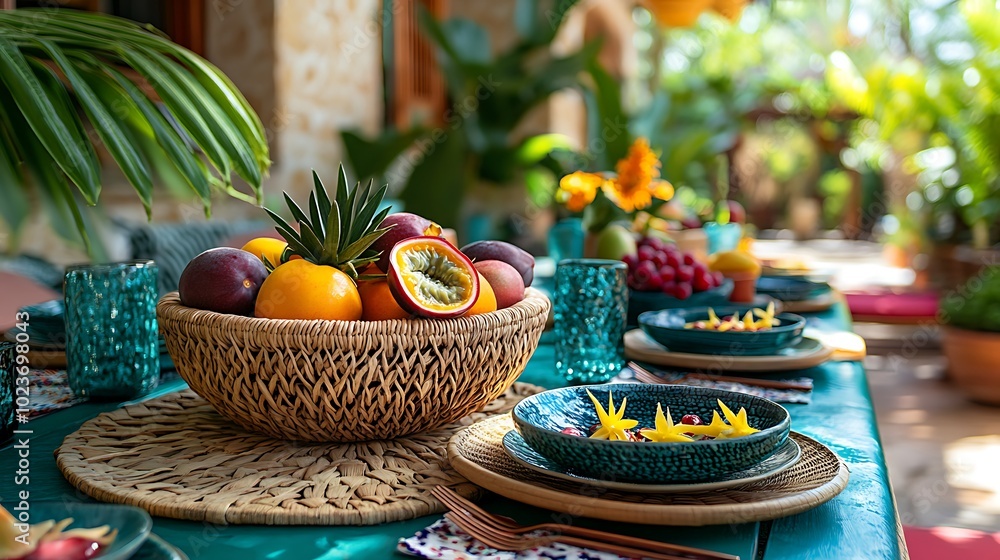 A vibrant teal dining table adorned with palm leaves as placemats, a large woven bowl filled with fresh passion fruit and sliced star fruit, surrounded by colorful ceramic plates, and set in a bright, A vibrant teal dining table adorned with palm leaves as placemats, a large woven bowl filled with fresh passion fruit and sliced star fruit, surrounded by colorful ceramic plates, and set in a bright,