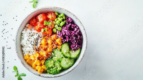 Bowl of vegan poke bowl bright background clean layout minimal elements copy space