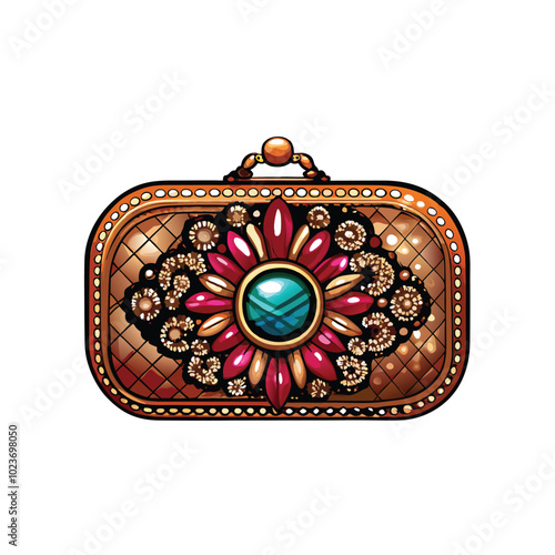 An elegant designer clutch with a mirrored surface and a large jeweled flower design in the center.