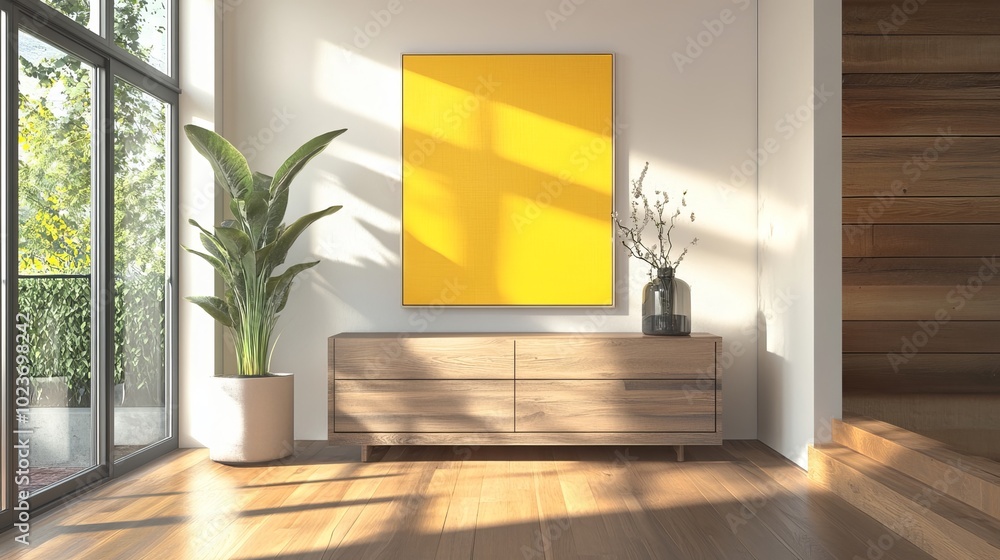 Elegant entryway with natural wood textures, contemporary furnishings, and mock-up yellow artwork that creates a warm and lively atmosphere. interior design. Elegant entryway with natural wood textures, contemporary furnishings, and mock-up yellow artwork that creates a warm and lively atmosphere. interior design.