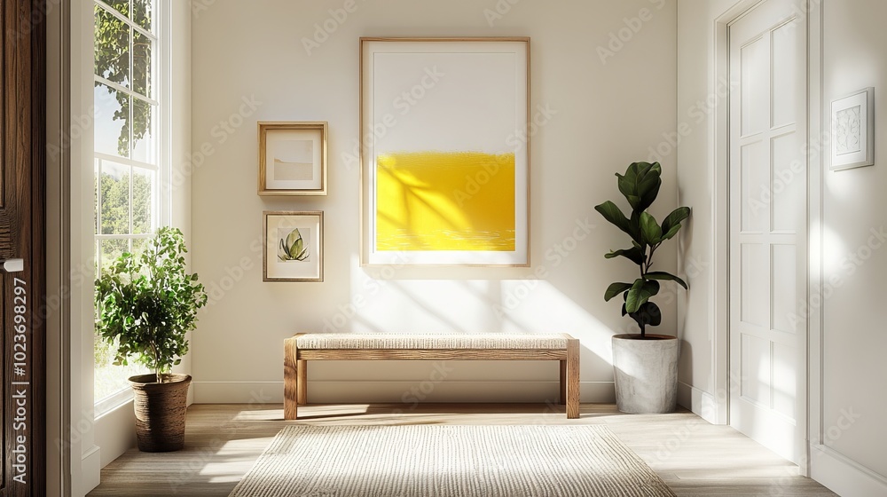 Fototapeta premium Elegant entryway with natural wood textures, contemporary furnishings, and mock-up yellow artwork that creates a warm and lively atmosphere. interior design. 