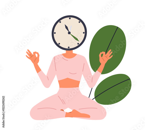 Time management. Woman with clocks at head sitting in lotus position. Yoga and active lifestyle. Concentration awareness and motivation. Flat vector illustration isolated on white background