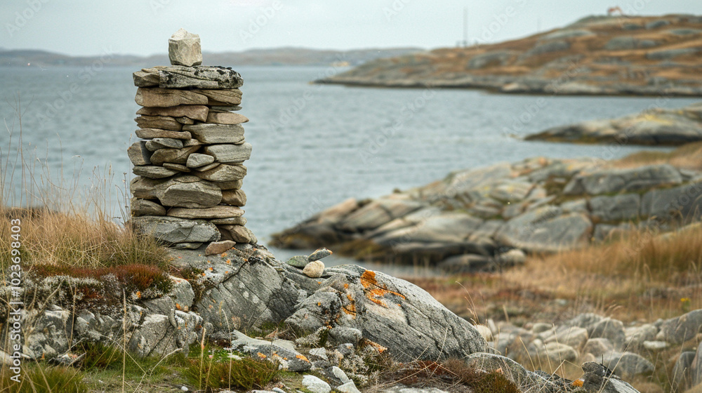 A close-up of a small stone tower balanced on a quiet, rocky shore, with no other signs of life around. A close-up of a small stone tower balanced on a quiet, rocky shore, with no other signs of life around.