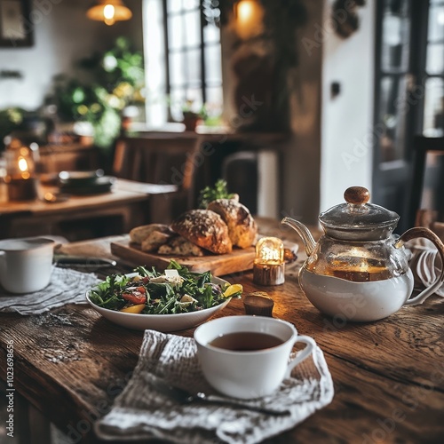 A cozy kitchen table setting with a glass teapot, a fresh salad, rustic bread, and lit candles, creating a warm and inviting atmosphere for a relaxed meal in a homely environment