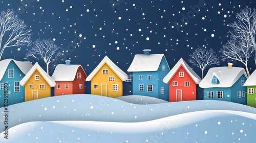 A colorful paper cutout of houses in the snow, with trees and a blue sky above, creating an adorable winter scene