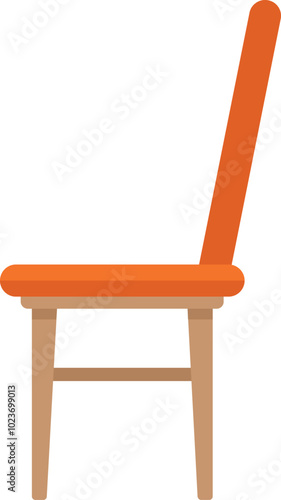 Simple wooden chair with soft orange upholstery standing sideways on white background
