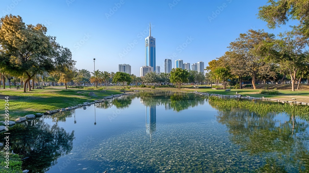 Fototapeta premium Kuwait City, Kuwait - November 22, 2022: taken from an urban park with a clean pond in the foreground, this image shows the Al Hamra Tower in Kuwait City.