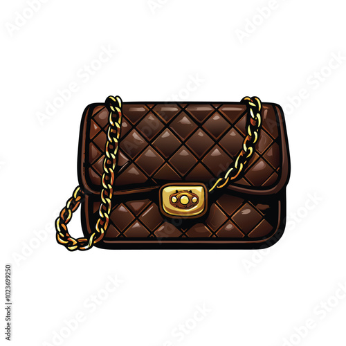 Illustration of a brown quilted leather shoulder bag with a gold chain strap.