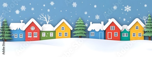 A colorful paper cutout of houses in the snow, with trees and a blue sky above, creating an adorable winter scene