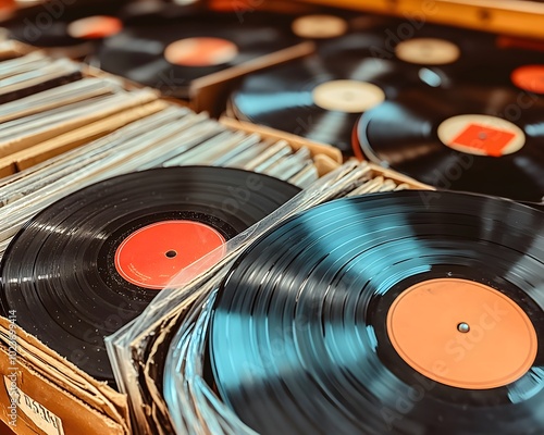 A close-up view of vintage vinyl records stacked in boxes, showcasing retro music culture and nostalgia in vibrant colors. photo