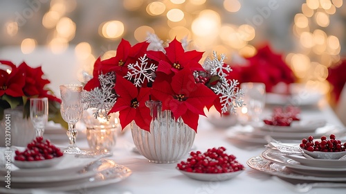 A winter-themed dining table covered with a pristine white tablecloth, adorned with red poinsettias in silver vases, and frosted berries scattered around the centerpiece, photo