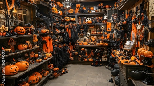 A festive Halloween shop filled with vibrant orange decorations, pumpkins, and spooky costumes, creating a cheerful autumn atmosphere.