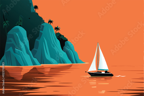 A sailboat glides through turquoise waters near a rocky island with palm trees.