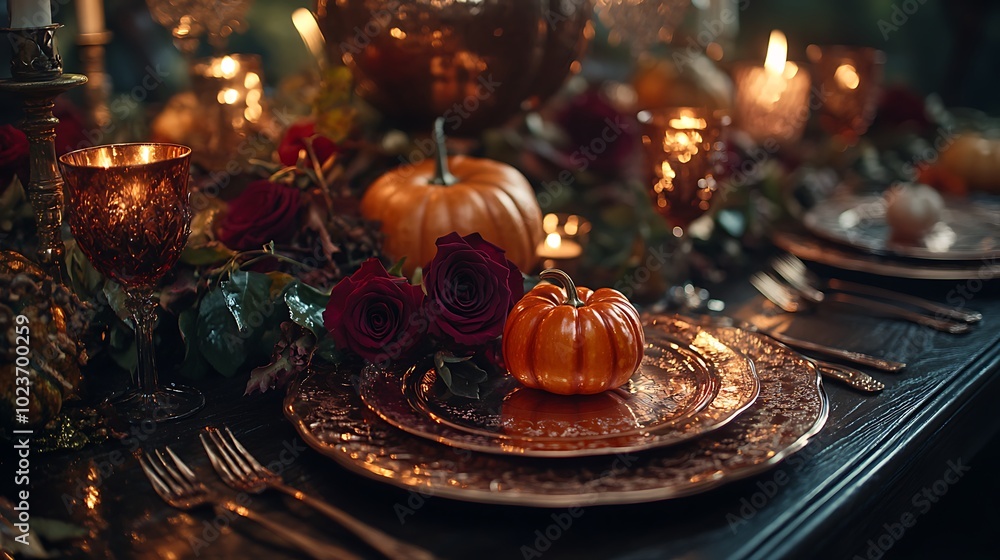 An autumn-themed dining table on dark wood, featuring burgundy roses, a centerpiece of pumpkins and oranges nestled among leafy branches,