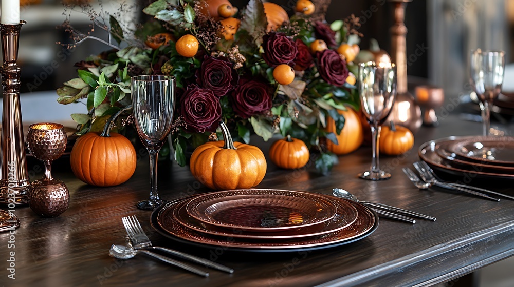 An autumn-themed dining table on dark wood, featuring burgundy roses, a centerpiece of pumpkins and oranges nestled among leafy branches, An autumn-themed dining table on dark wood, featuring burgundy roses, a centerpiece of pumpkins and oranges nestled among leafy branches,
