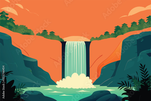 A scenic waterfall cascading into a forested canyon, with an orange sunset sky.