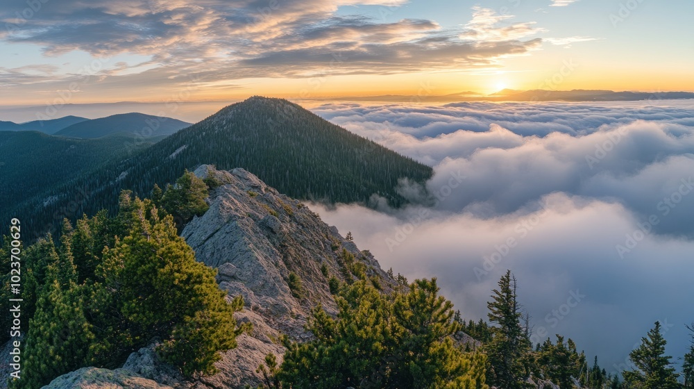 Obraz premium Mountaintop View with Sunrise Over Clouds and Distant Mountains