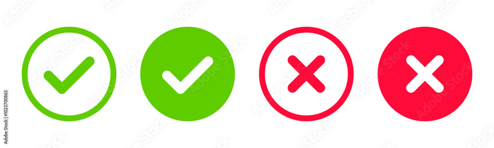 Obraz premium Yes or no icon. Green tick symbol and red cross sign in circle. Checkmark and check icon. Approval. Like and dislike icon. X or approve or deny line art vector icon for apps and websites and ui ux
