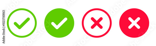 Yes or no icon. Green tick symbol and red cross sign in circle. Checkmark and check icon. Approval. Like and dislike icon. X or approve or deny line art vector icon for apps and websites and ui ux